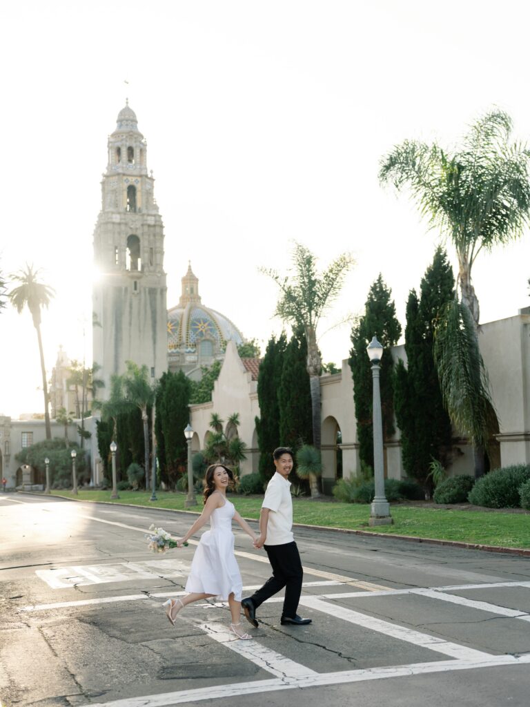 Fun engagement session walking the streets at Balboa Park